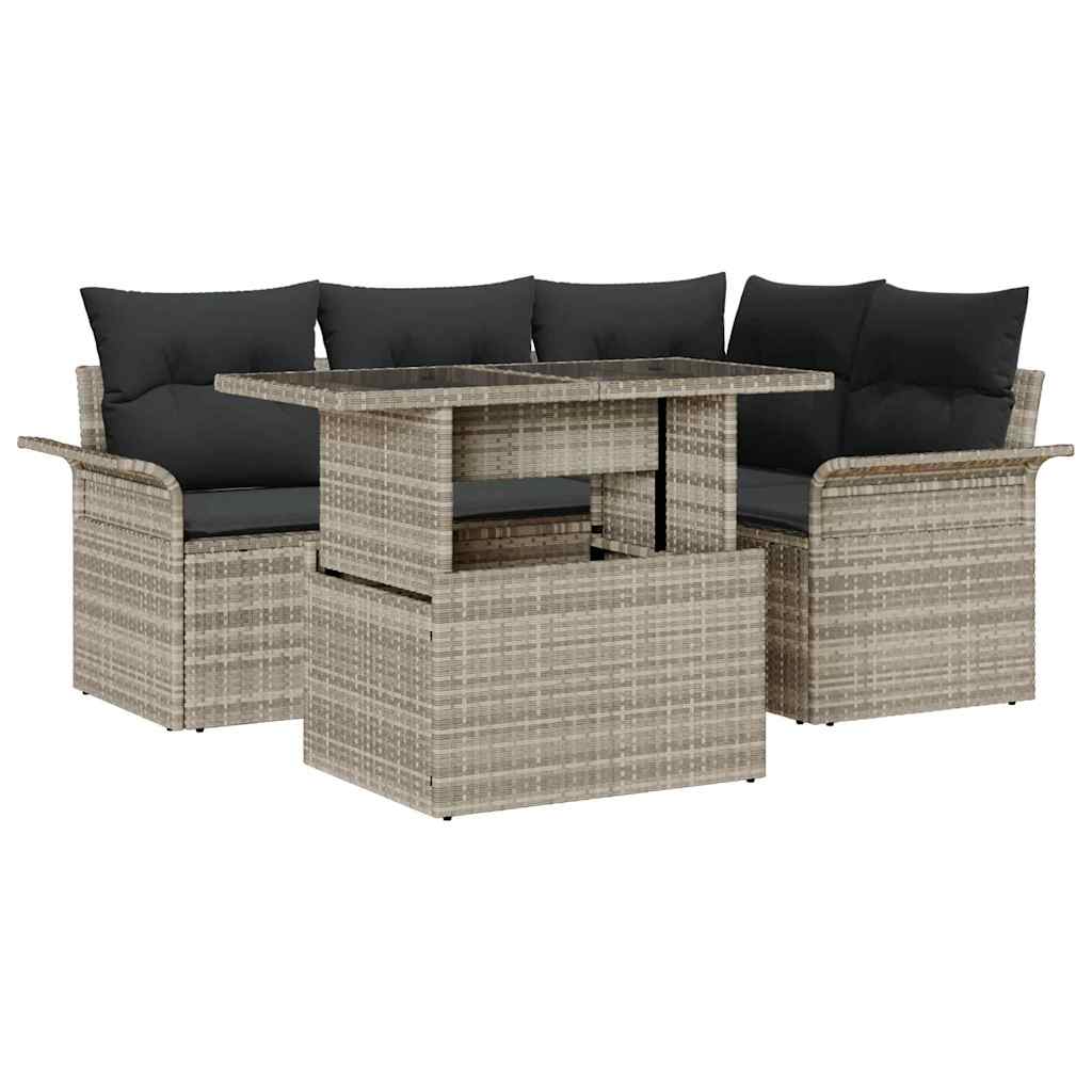 Garten-Sofa-Set mit Kissen 5 pcs Hellgrau Poly Rattan