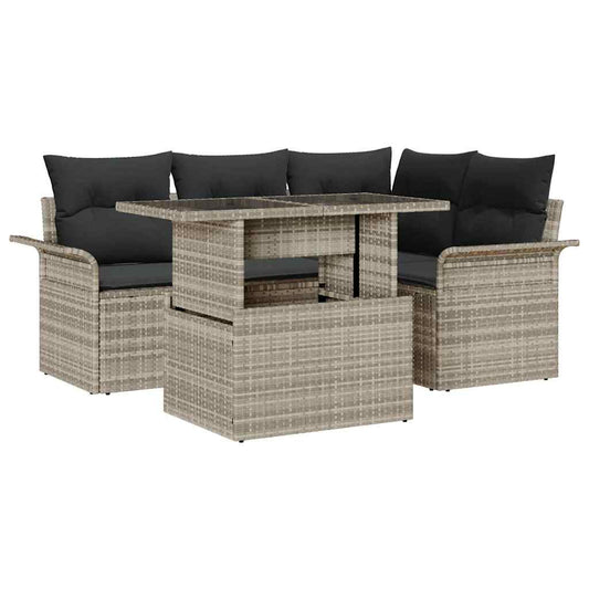 Garten-Sofa-Set mit Kissen 5 pcs Hellgrau Poly Rattan