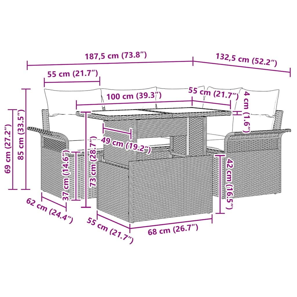 Garten-Sofa-Set mit Kissen 5 pcs Hellgrau Poly Rattan