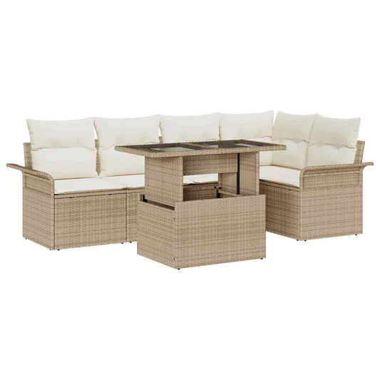 Garten-Sofa-Set mit Kissen mit Speicher 6 pcs Beige Poly Rattan