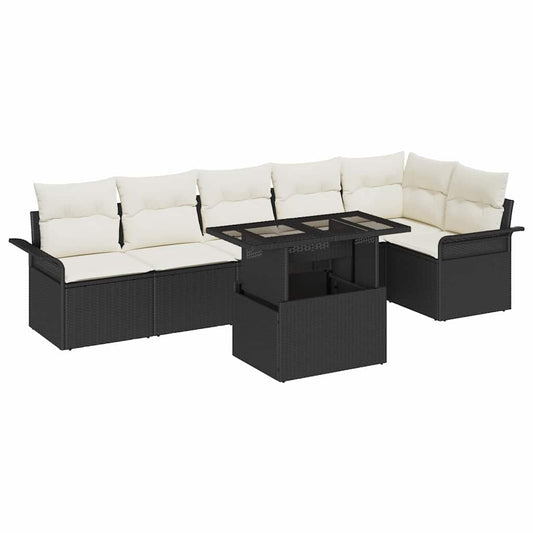 Garten-Sofa-Set mit Kissen 7 pcs Schwarz Poly Rattan