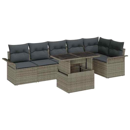 Garten-Sofa-Set mit Kissen mit Speicher 7 pcs Grau Poly Rattan
