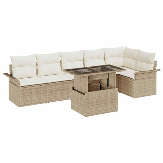 Garten-Sofa-Set mit Kissen mit Speicher 7 pcs Beige Poly Rattan