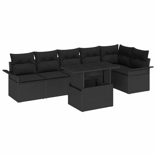 Garten-Sofa-Set mit Kissen 7 pcs Schwarz Poly Rattan