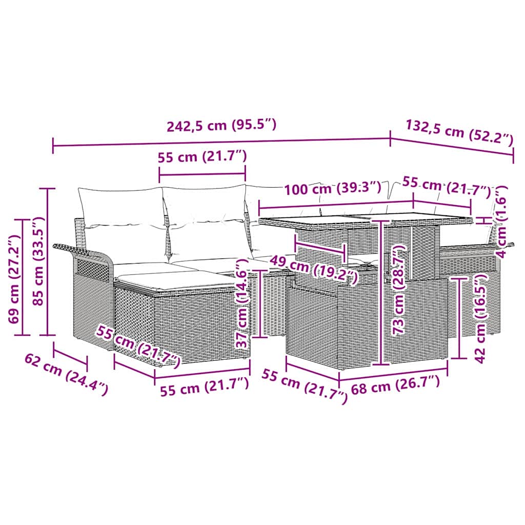 Garten-Sofa-Set mit Kissen 7 pcs Schwarz Poly Rattan