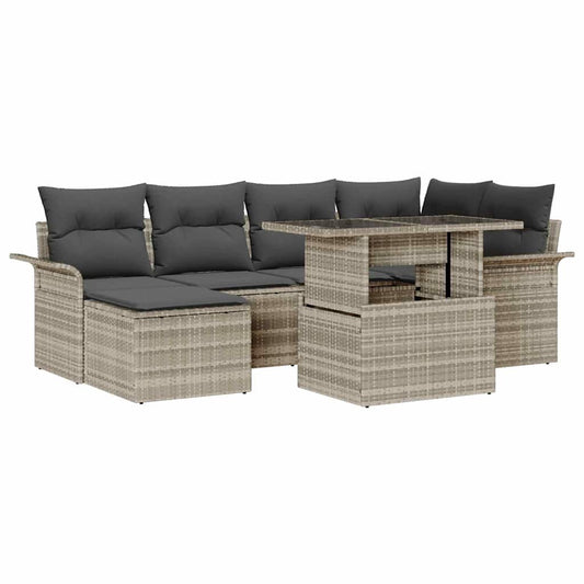 Garten-Sofa-Set mit Kissen 7 pcs Hellgrau Poly Rattan