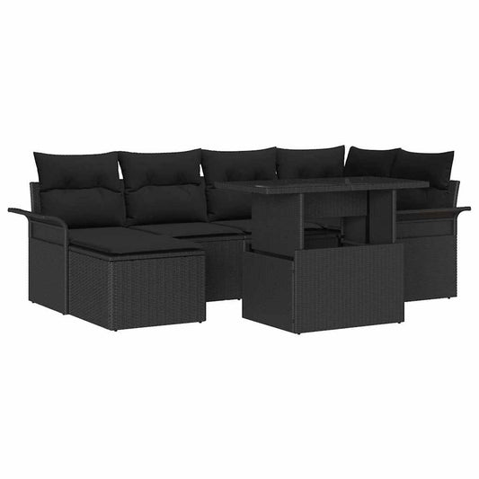 Garten-Sofa-Set mit Kissen 7 pcs Schwarz Poly Rattan