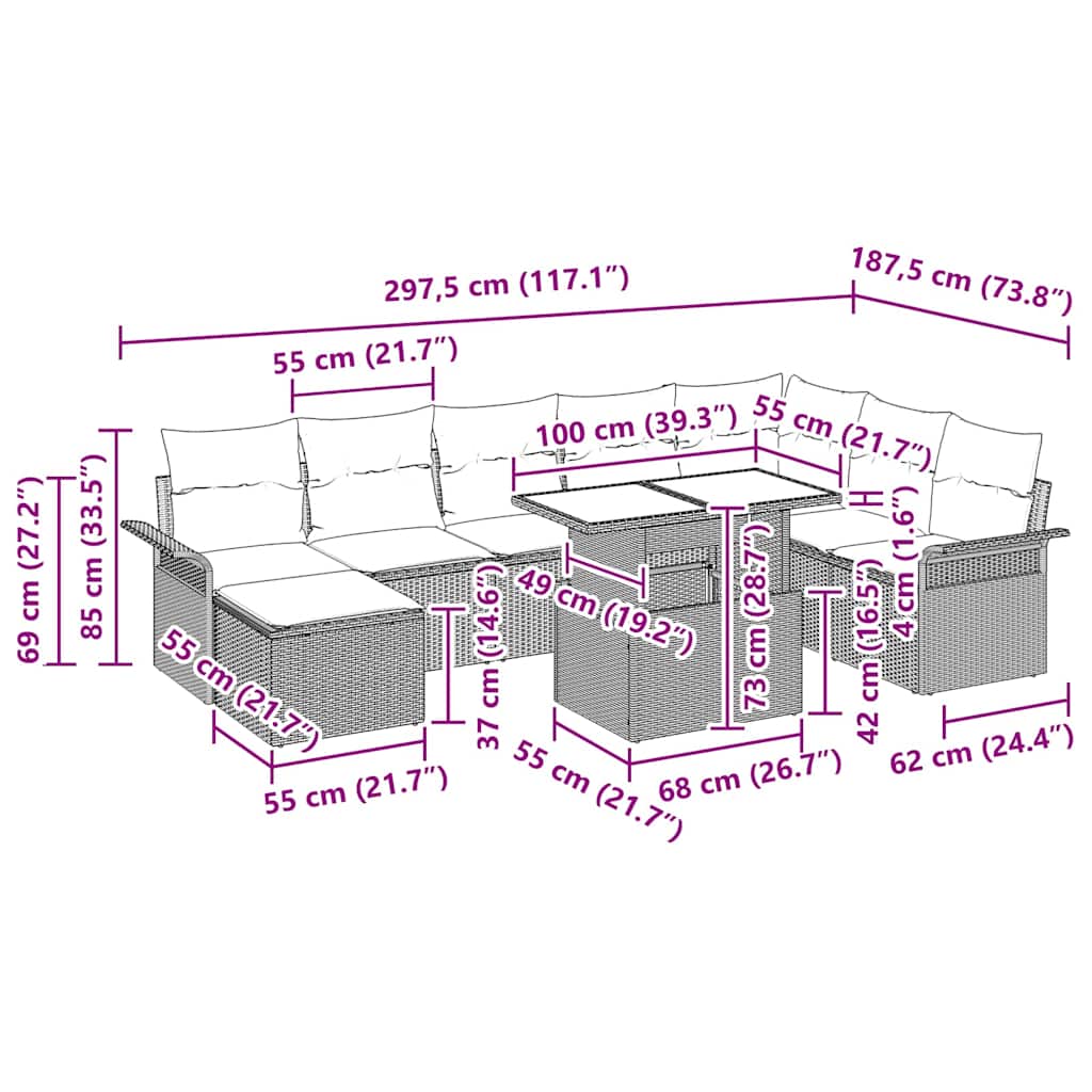 Garten-Sofa-Set mit Kissen mit Speicher 9 pcs Schwarz und Creme