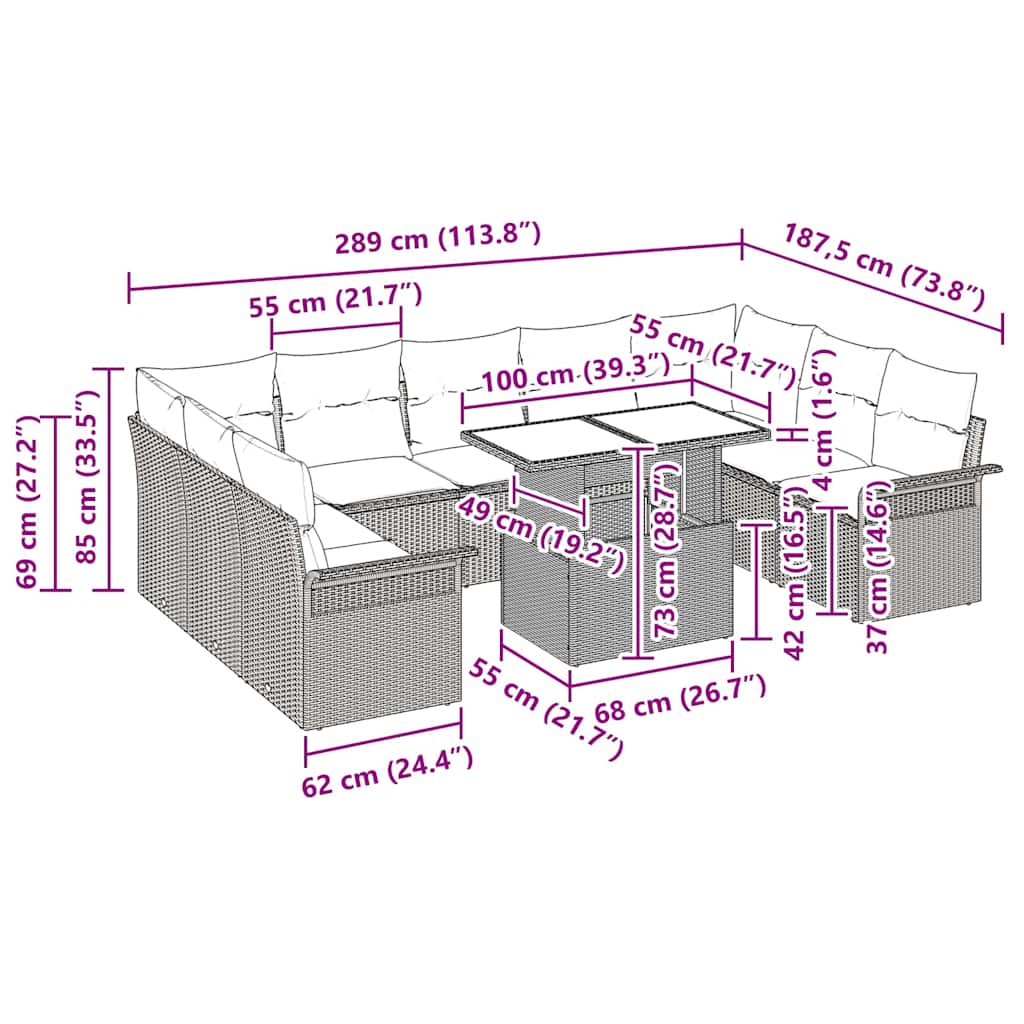 Garten-Sofa-Set 10 pcs Braun 100 x 55 x 73 cm Poly Rattan
