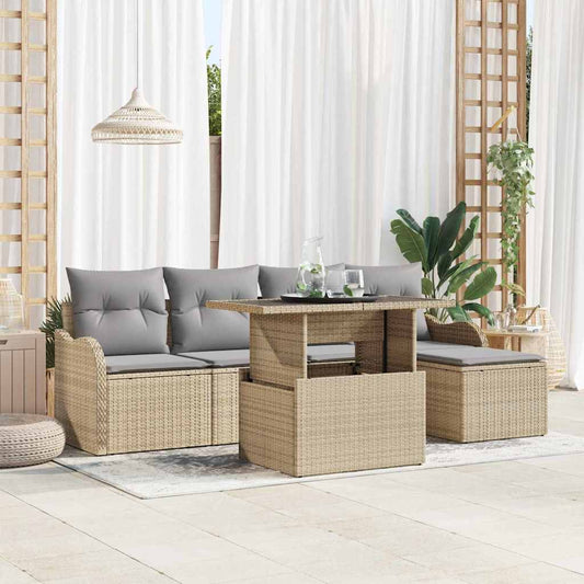 Garten-Sofa-Set mit Kissen mit Speicher 6 pcs Beige Poly Rattan