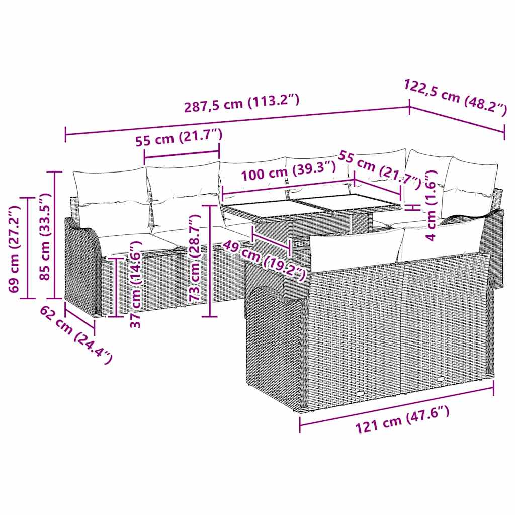 Garten-Sofa-Set 9 pcs Braun 100 x 55 x 73 cm Poly Rattan