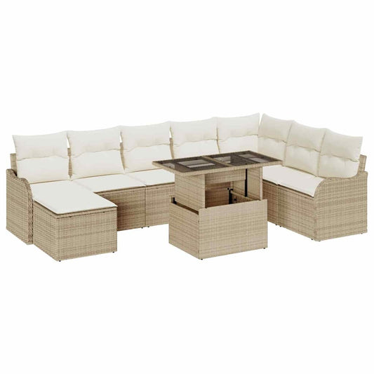 Garten-Sofa-Set mit Kissen mit Speicher 9 pcs Beige Poly Rattan