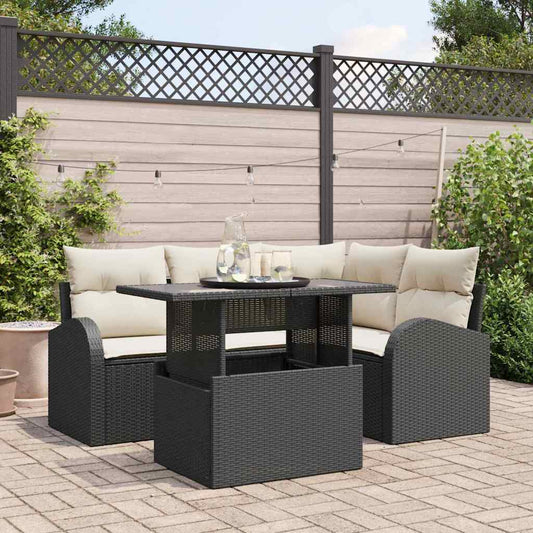Garten-Sofa-Set mit Kissen mit Kissen 5 pcs Schwarz Poly Rattan