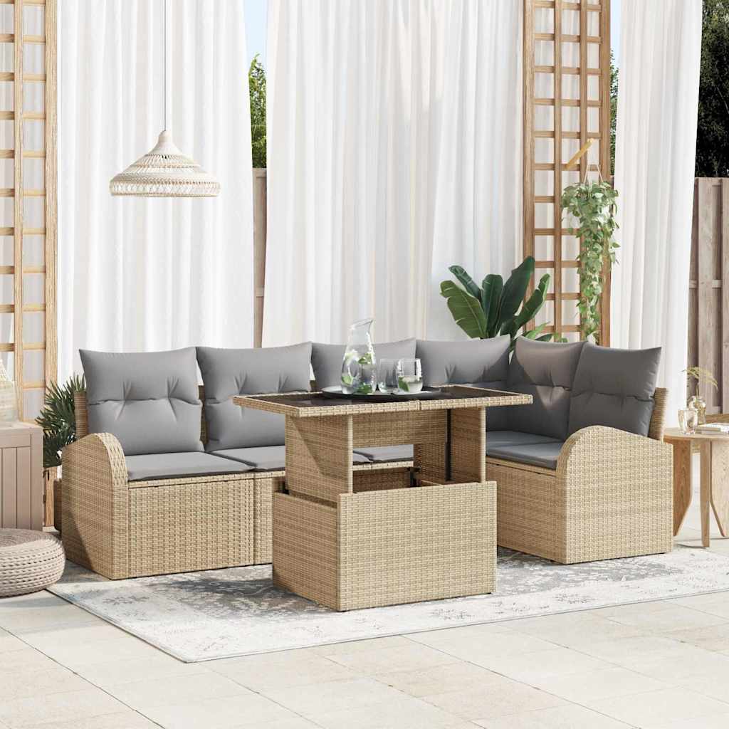Garten-Sofa-Set mit Kissen mit Speicher 6 pcs Beige Poly Rattan