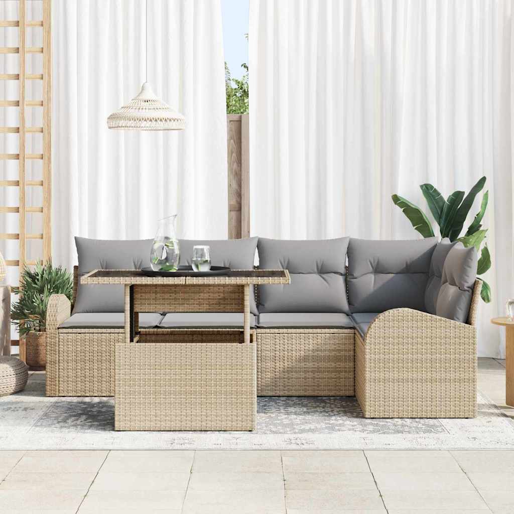 Garten-Sofa-Set mit Kissen mit Speicher 6 pcs Beige Poly Rattan