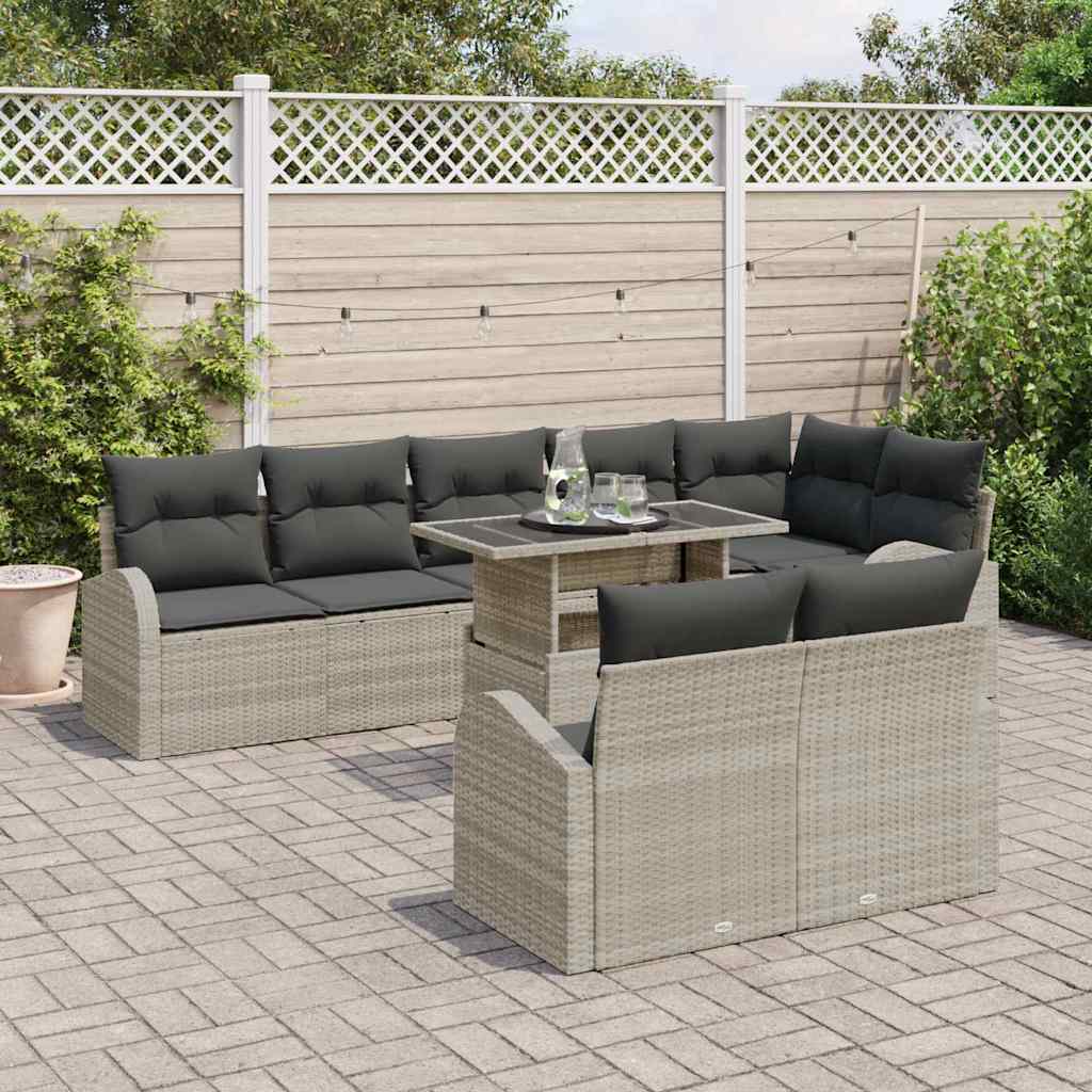 Garten-Sofa-Set mit Speicher 9 pcs Hellgrau Poly Rattan