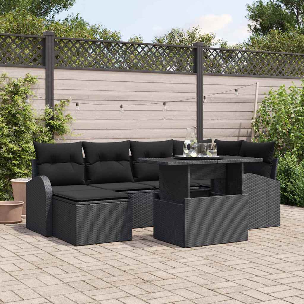 Garten-Sofa-Set mit Speicher 7 pcs Schwarz Poly Rattan