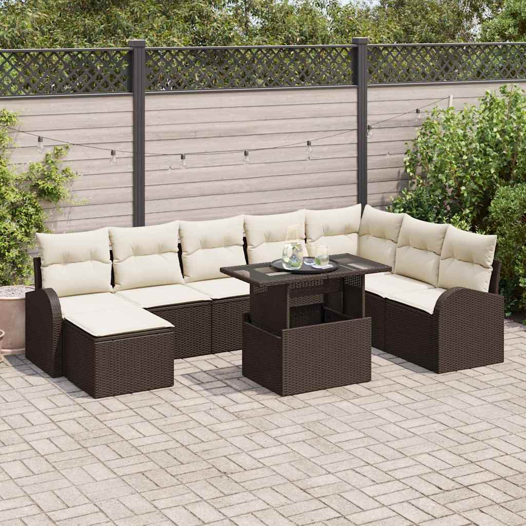Garten-Sofa-Set mit Speicher 9 pcs Braun Poly Rattan