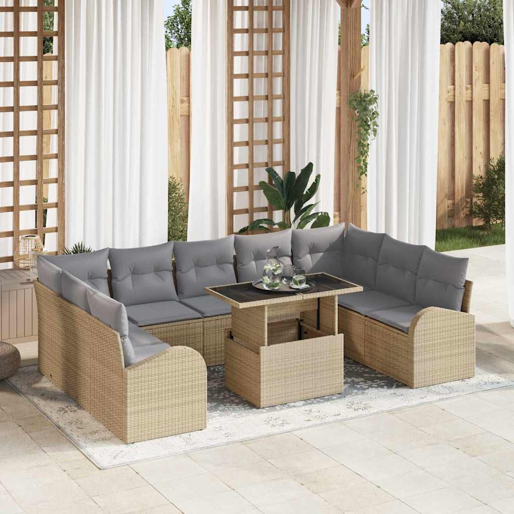 Gartensofa-set mit Kissen mit Speicher 10 pcs Beige Poly Rattan