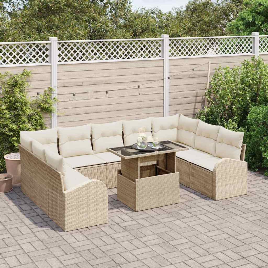 Garten-Sofa-Set mit Speicher 10 pcs Beige Poly Rattan