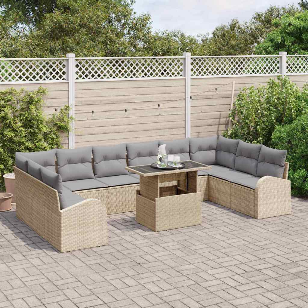 Garten-Sofa-Set mit Speicher 11 pcs Beige Poly Rattan
