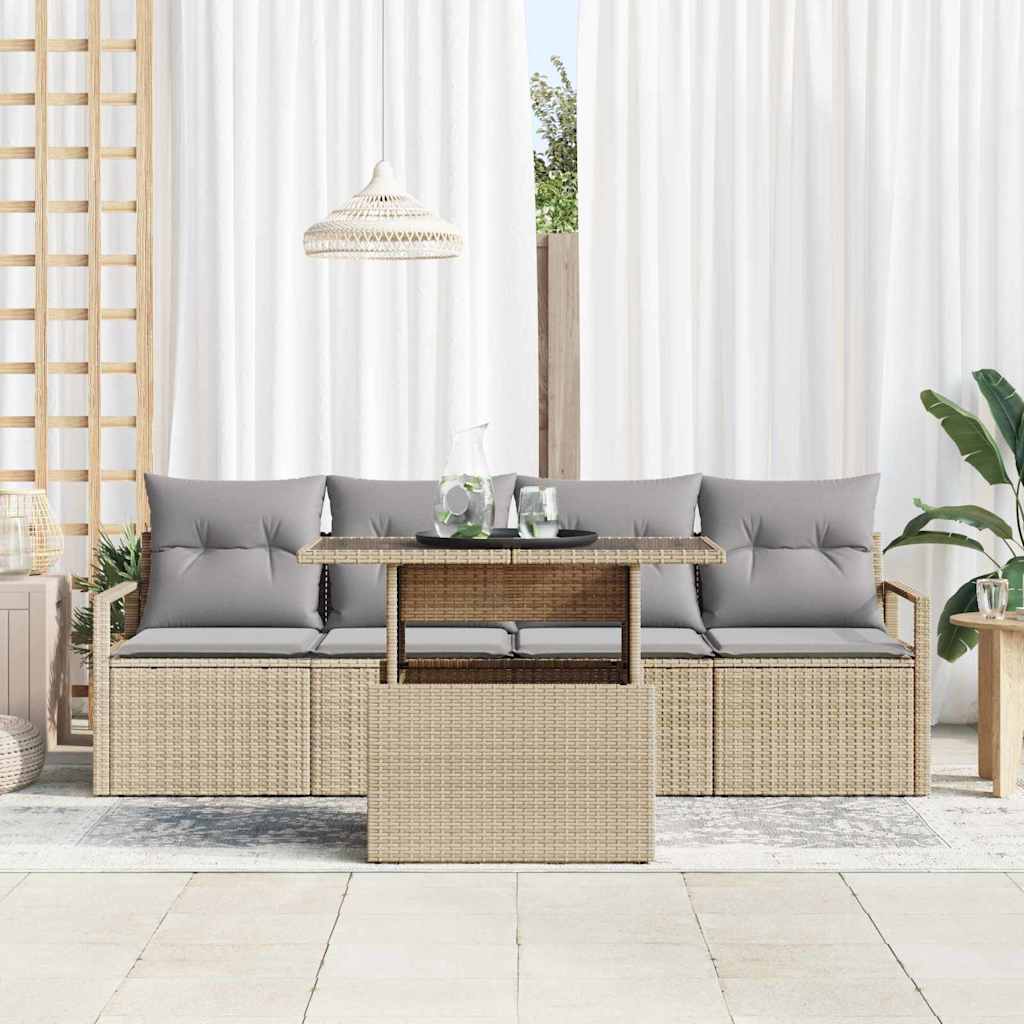 Garten-Sofa-Set mit Speicher 5 pcs Beige Poly Rattan