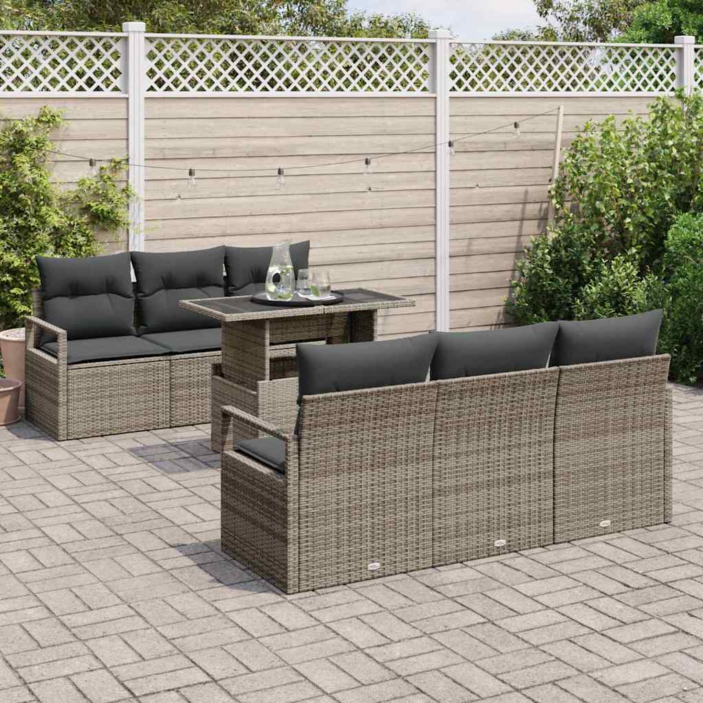 Gartensofa-set mit Kissen mit Speicher 7 pcs Grau Poly Rattan