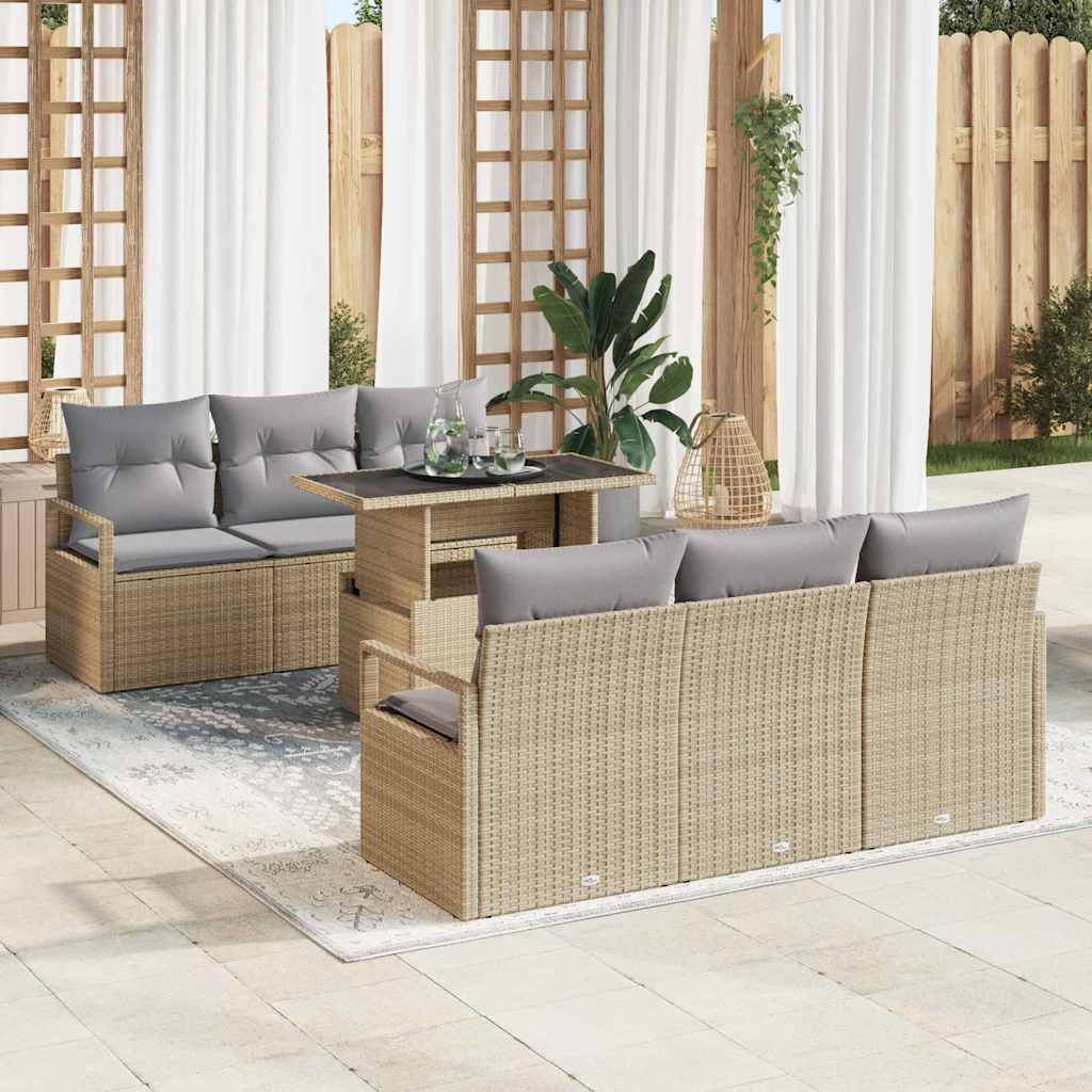 Gartensofa-set mit Kissen mit Speicher 7 pcs Beige Poly Rattan