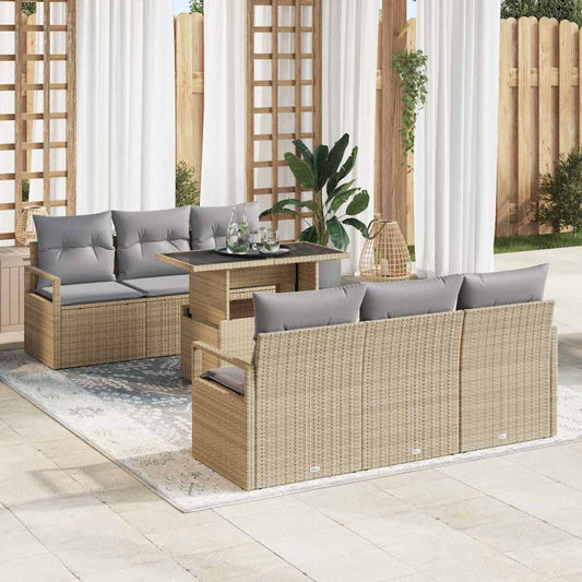 Gartensofa-set mit Kissen mit Speicher 7 pcs Beige Poly Rattan