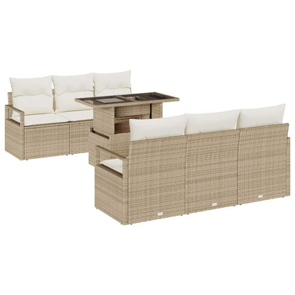 Garten-Sofa-Set mit Speicher 7 pcs Beige Poly Rattan