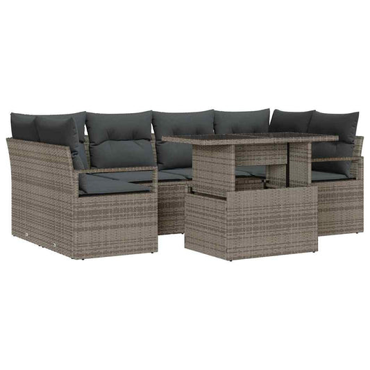 Garten-Sofa-Set mit Speicher 7 pcs Grau Poly Rattan