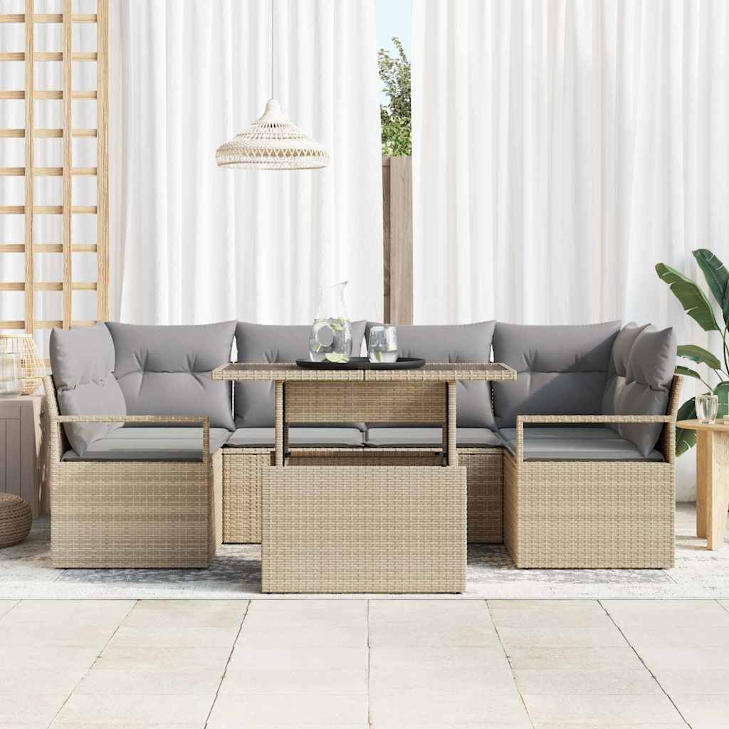 Garten-Sofa-Set mit Speicher 7 pcs Beige Poly Rattan