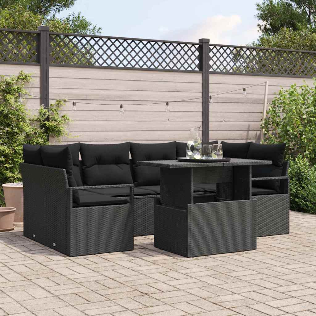 Garten-Sofa-Set mit Speicher 7 pcs Schwarz Poly Rattan