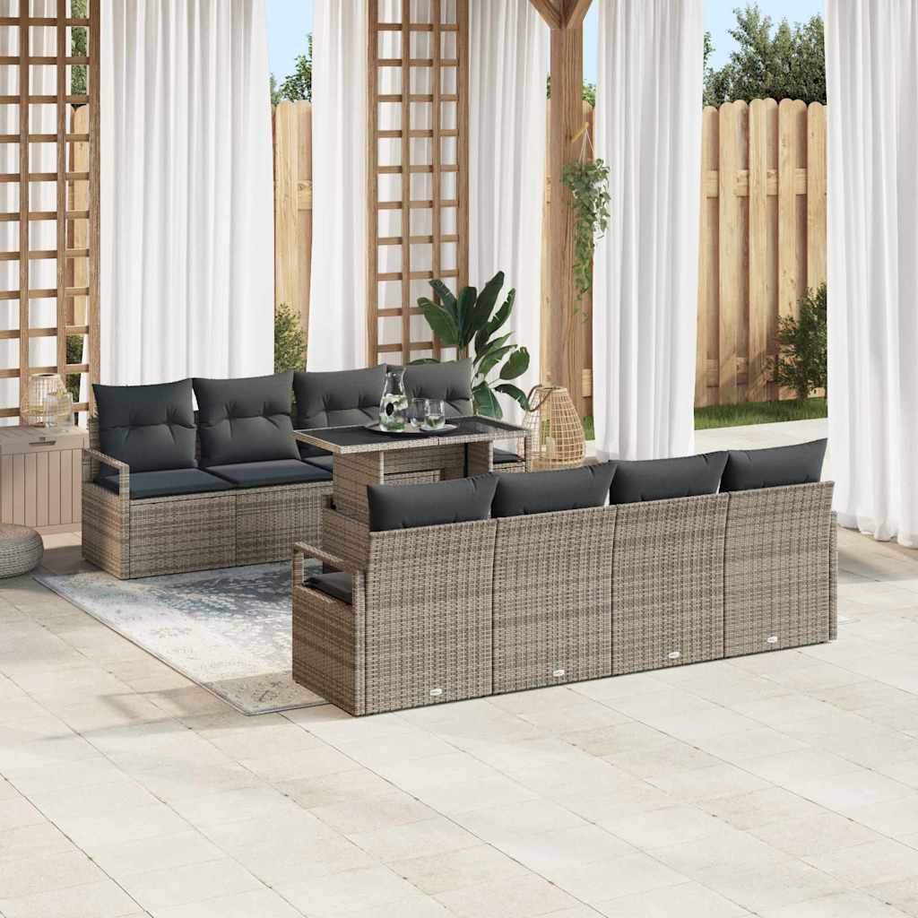 Gartensofa-set mit Kissen mit Speicher 9 pcs Grau Poly Rattan