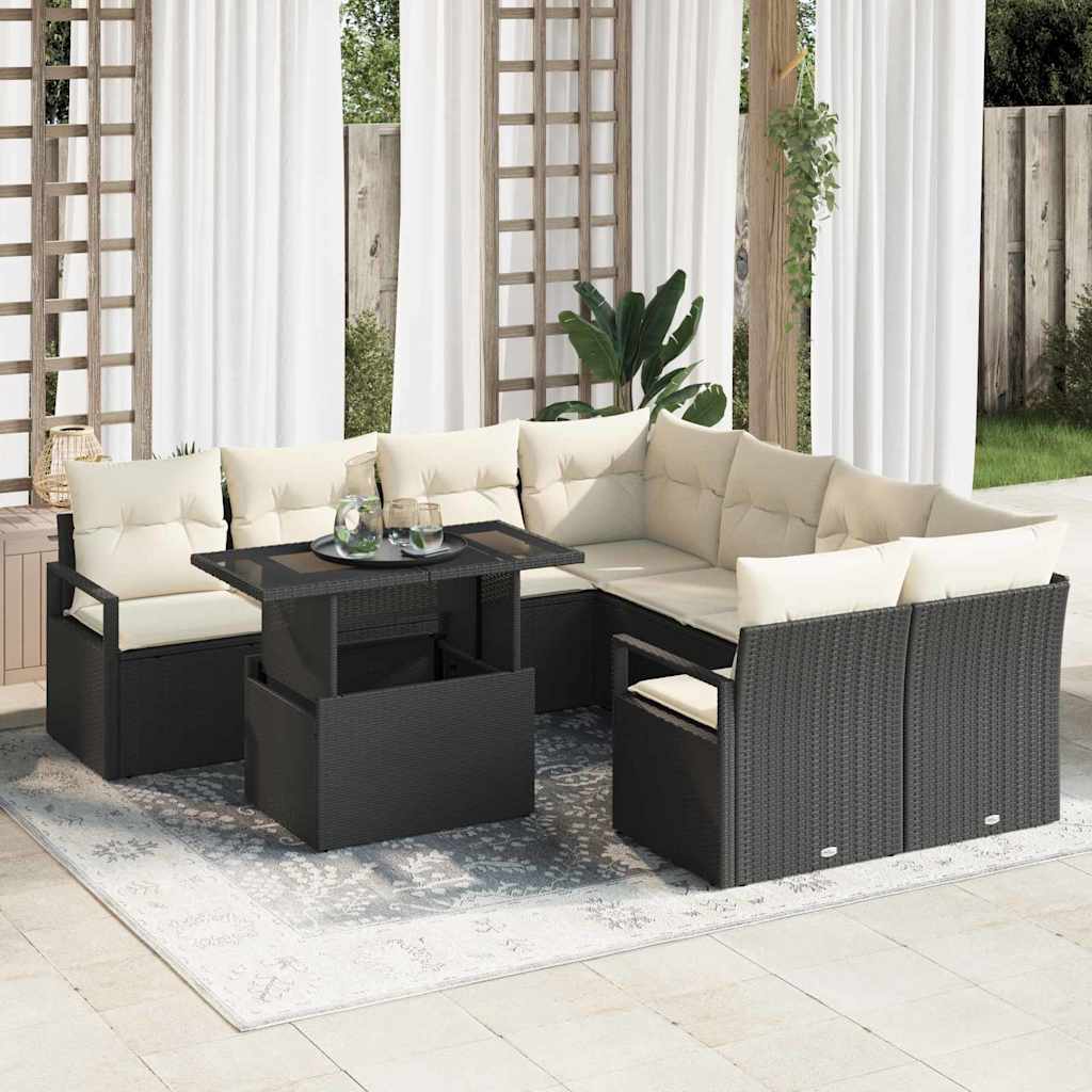 Garten-Sofa-Set mit Speicher 9 pcs Schwarz Poly Rattan