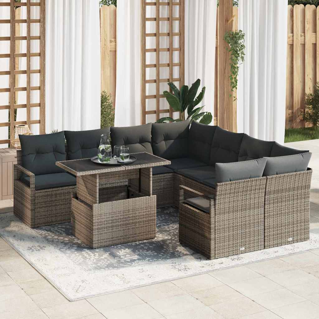 Gartensofa-set mit Kissen mit Speicher 9 pcs Grau Poly Rattan