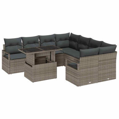 Gartensofa-set mit Kissen mit Speicher 9 pcs Grau Poly Rattan