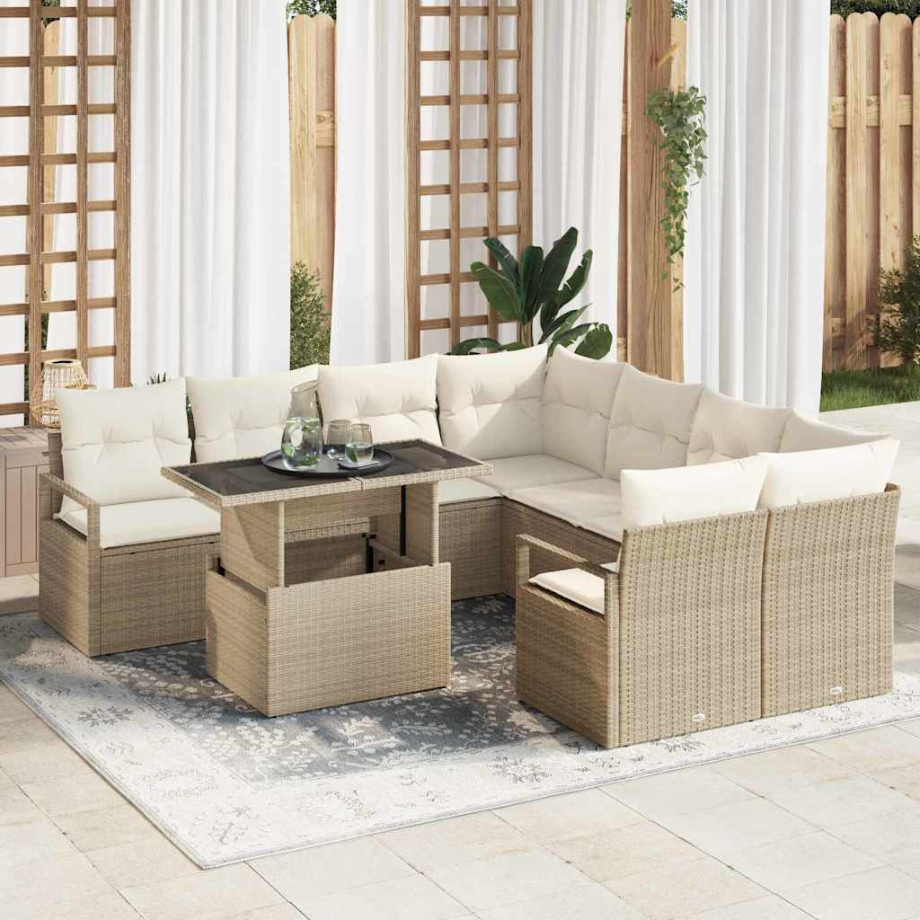 Garten-Sofa-Set mit Speicher 9 pcs Beige Poly Rattan