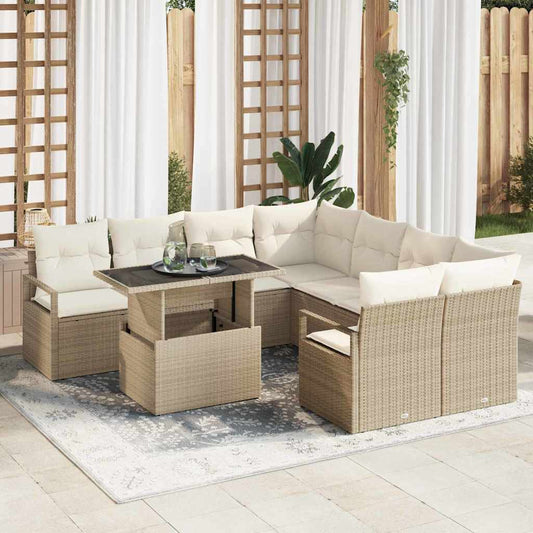Garten-Sofa-Set mit Speicher 9 pcs Beige Poly Rattan