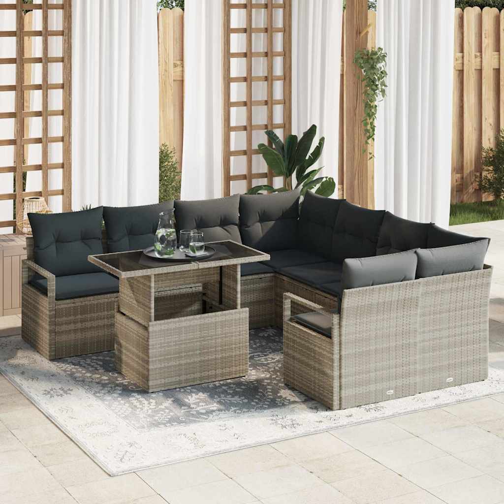 Garten-Sofa-Set mit Speicher 9 pcs Hellgrau Poly Rattan