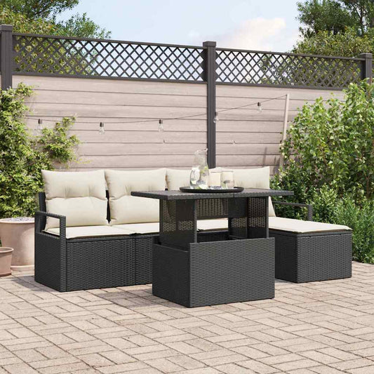 Garten-Sofa-Set mit Speicher 6 pcs Schwarz Poly Rattan