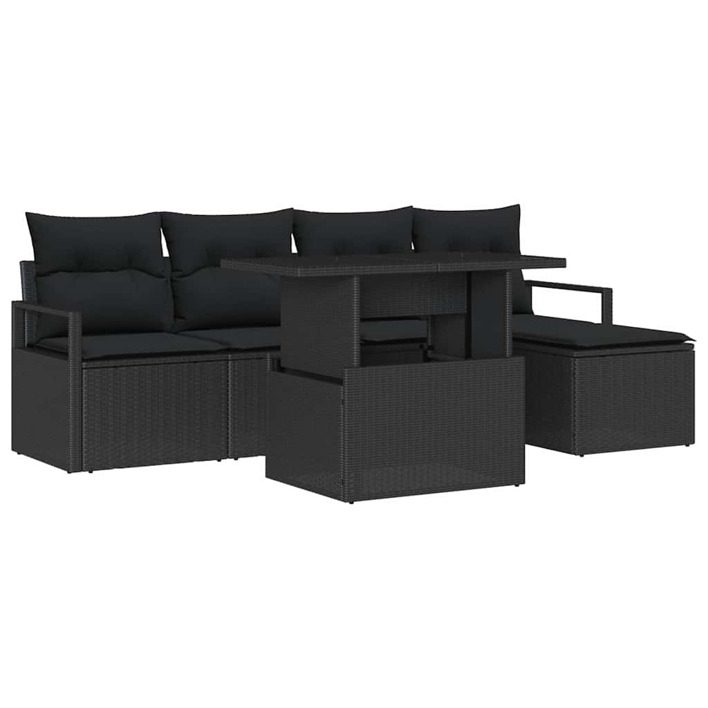 Garten-Sofa-Set mit Speicher 6 pcs Schwarz Poly Rattan