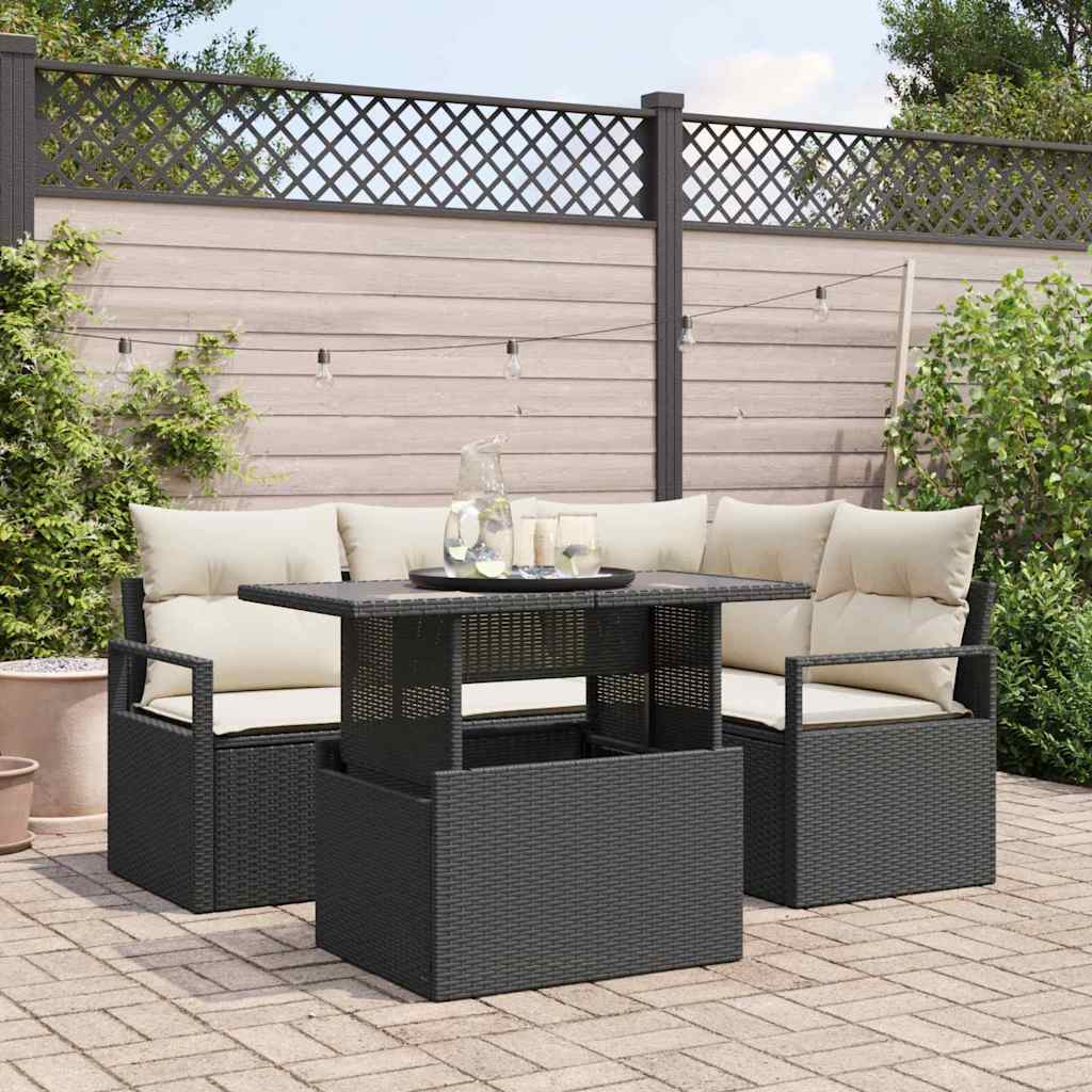 Garten-Sofa-Set mit Speicher 5 pcs Schwarz Poly Rattan