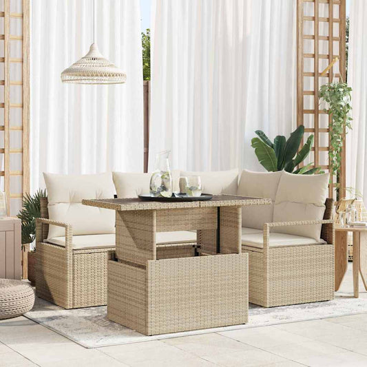 Garten-Sofa-Set mit Speicher 5 pcs Beige Poly Rattan
