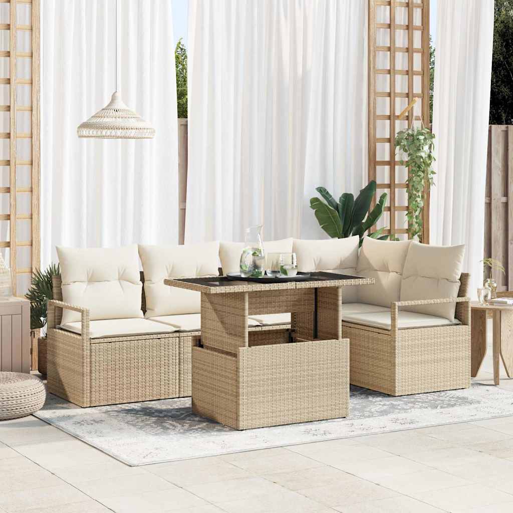 Garten-Sofa-Set mit Speicher 6 pcs Beige Poly Rattan