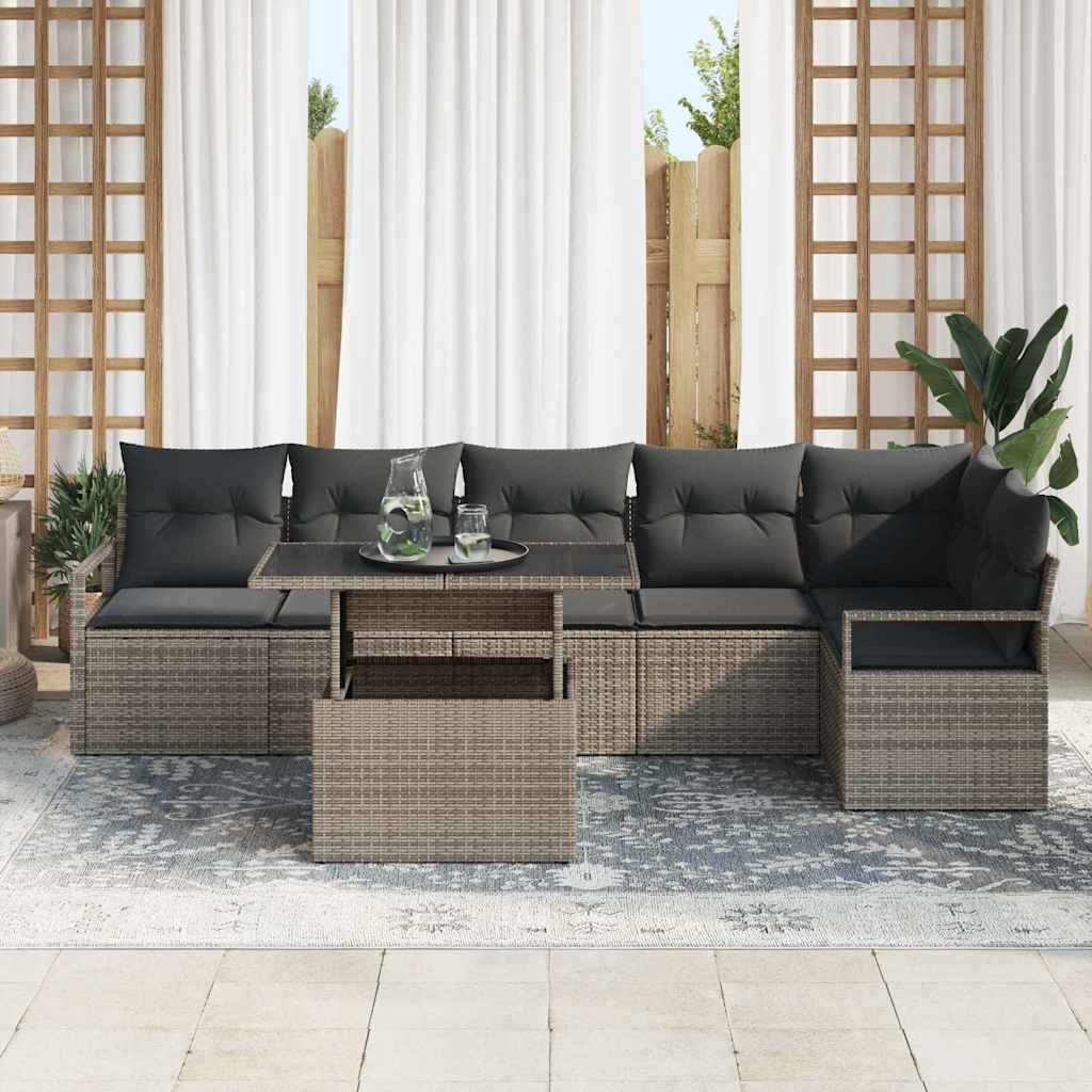 Garten-Sofa-Set mit Speicher 7 pcs Grau Poly Rattan