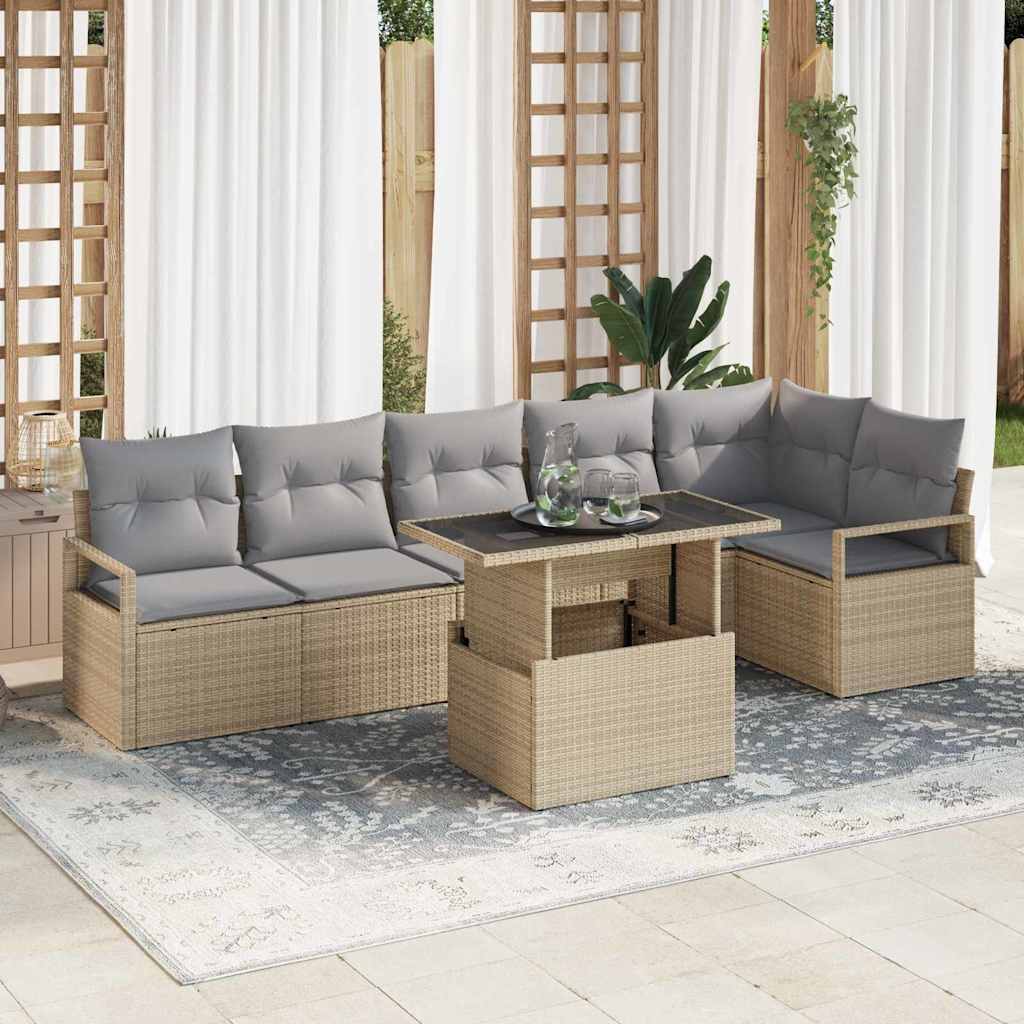 Garten-Sofa-Set mit Speicher 7 pcs Beige Poly Rattan