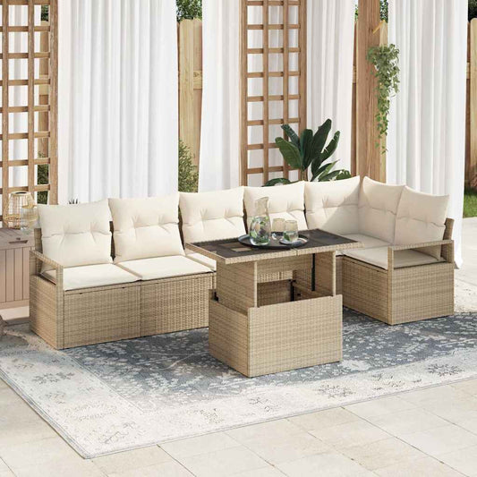Garten-Sofa-Set mit Speicher 7 pcs Beige Poly Rattan