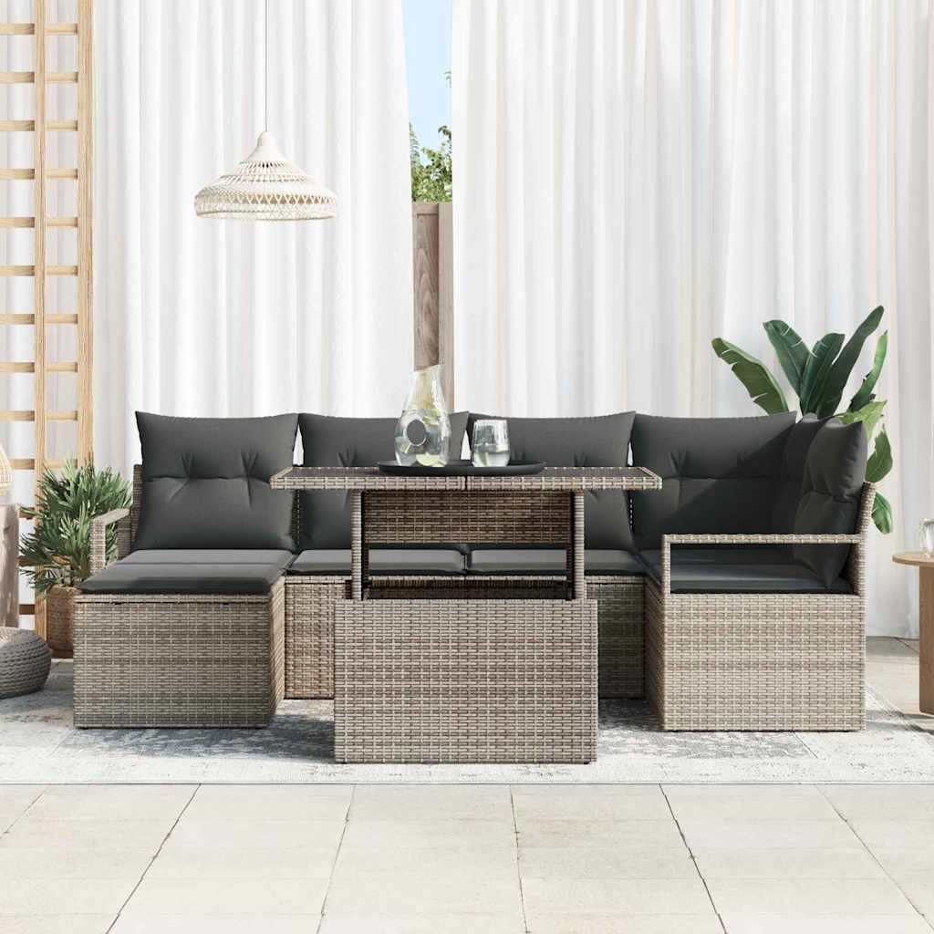 Garten-Sofa-Set mit Speicher 7 pcs Grau Poly Rattan