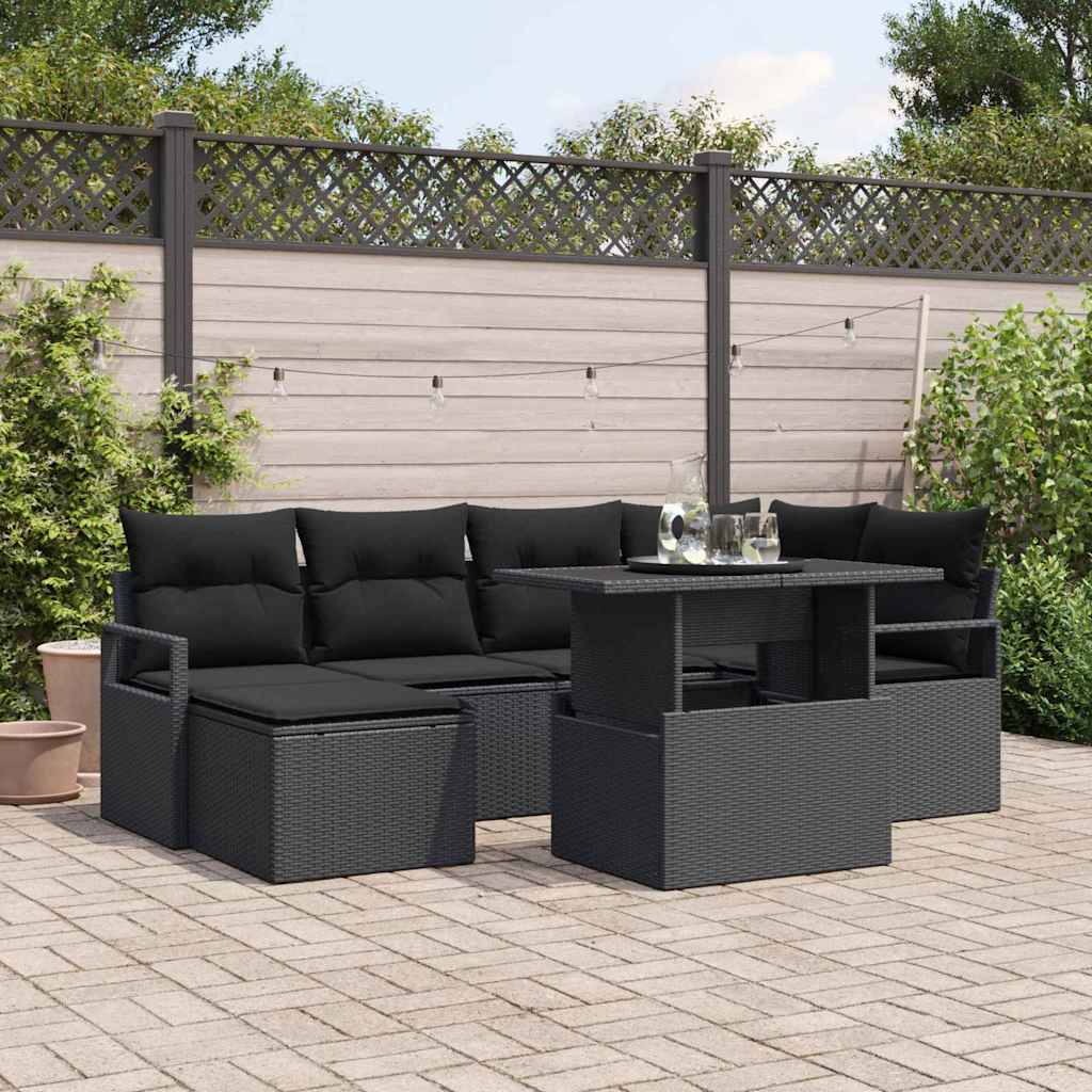 Garten-Sofa-Set mit Speicher 7 pcs Schwarz Poly Rattan